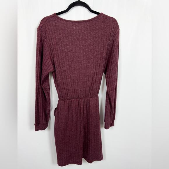 Fraiche By J Tie Front Long Sleeve Mini Sweater Dress In H.burgundy Size Large - Picture 9 of 11